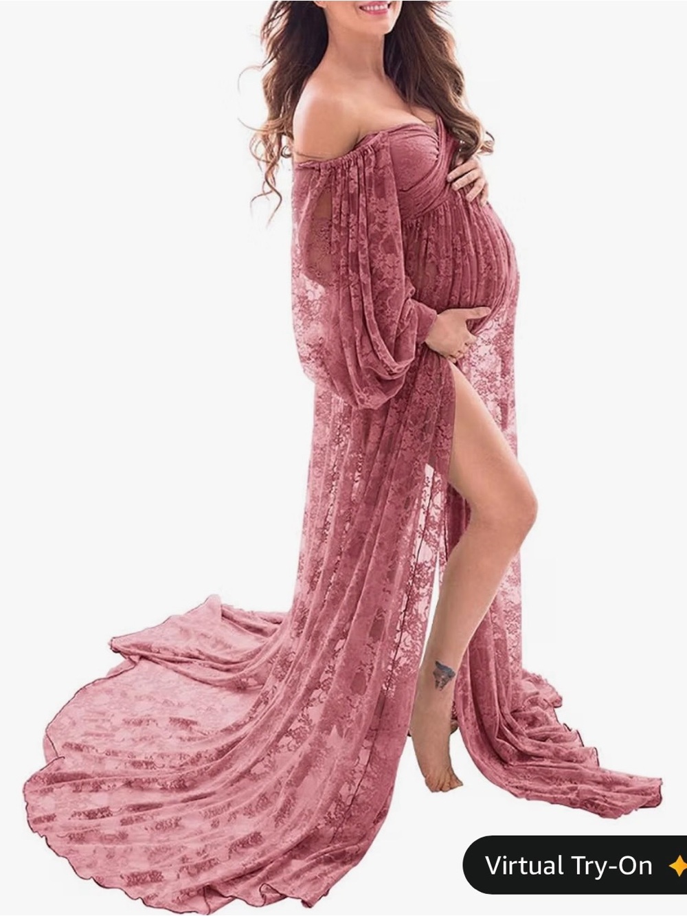 Off-Shoulder Maternity Lace Gown in Dusty Rose